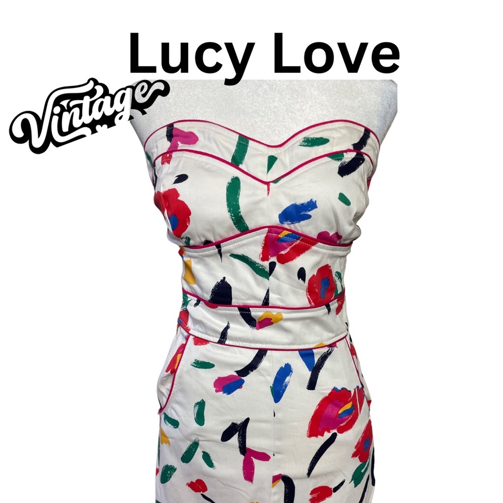 VTG Strapless Lucy Love Sweetheart Dress Small -Abstract print With Pockets!